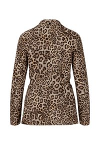 Leopard print jacket, smooth texture, collared design, long sleeves, cinched waist, and back vent. Brown and beige color palette.