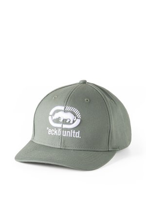 Szara czapka z daszkiem Ecko Unltd. z białym haftowanym logo nosorożca i nazwą marki na przednim panelu.
