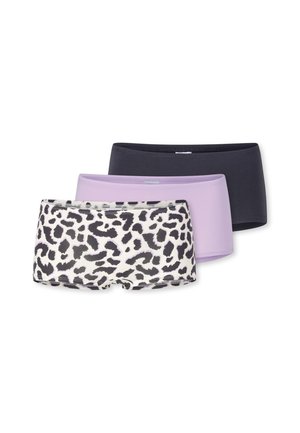 Three pairs of women's boyshort underwear in black, light purple, and white with black animal print, arranged in a layered stack.