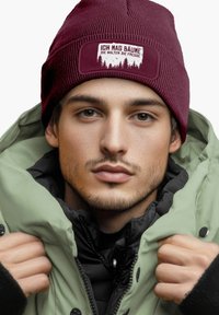 Burgundy knit beanie with a forest-themed patch; wearing a light green coat over a black zip-up. Texture is ribbed and smooth.