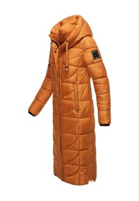 Long padded coat in orange with a hood, quilted design, front zip, and two side pockets. Features black trims and logo on the sleeve.