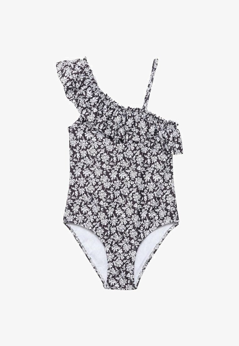 Maillot de bain noir une pièce avec un motif floral blanc, présentant une bretelle volante sur une épaule et une texture lisse.