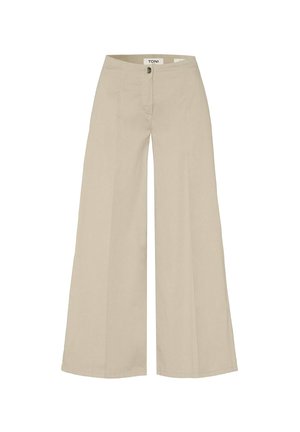 Beige hoch taillierte Hose mit weitem Bein, vorderem Knopf- und Reißverschluss, vorderen Nahtdetails und ohne sichtbare Taschen.
