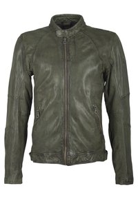 Olivově zelená kožená bunda se zipem na přední straně, stojatým límcem a dvěma bočními kapsami. Má žebrovanou texturu a švové detaily.