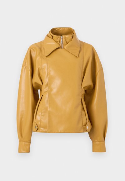 Mustard yellow faux leather jacket with high collar, front zipper, long balloon sleeves, and adjustable snap button tabs at hem sides.