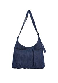 Denim schoudertas met een slouchy ontwerp, diepblauwe kleur, gestructureerde stof en een band met "PEPE JEANS" opschrift. Accenten van zilverkleurig hardware.