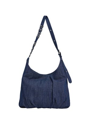Denim Schultertasche mit einem lässigen Design, tiefblauer Farbe, strukturiertem Stoff und einem Tragegurt mit "PEPE JEANS" Schriftzug. Silberfarbene Hardware-Akzente.