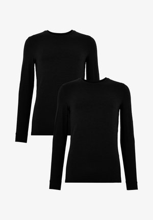Deux chemises noires à manches longues en tissu doux, avec des encolures rondes et des poignets côtelés, présentées côte à côte.