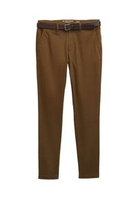 Chinos in cotone marrone con taglio dritto, dotati di una cintura marrone e tasche laterali. Il tessuto ha una consistenza liscia e una decorazione minima.