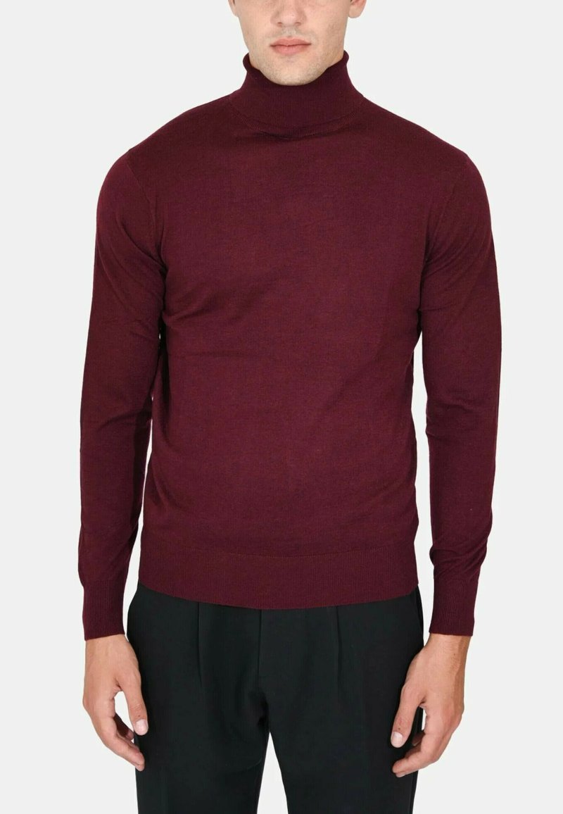Maglione a collo alto borgogna realizzato in un morbido knit testurizzato. Presenta maniche lunghe e un design aderente, ideale per essere indossato a strati.