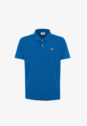 Blauwe poloshirt van katoen, met een klassieke kraag, korte mouwen, een knoopsluiting met twee knopen en een klein geborduurd logo op de borst.
