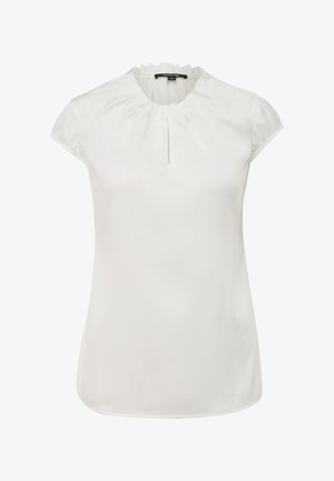 Short-sleeve white blouse with a high, gathered neckline, featuring a pleat down the center and smooth, lightweight fabric.