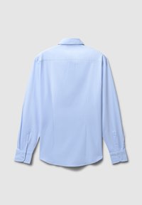Hellblaues Langarmhemd mit klassischem Kragen, geknöpften Manschetten und glatter Textur. Verfügt über ein hinteres Passe und dezente Steppnähte.