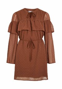 Robe marron texturée avec volants superposés, manches longues en tissu transparent et un lien au cou. Dotée de motifs en relief de points sur toute la surface.