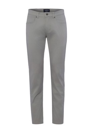 Hellgraue Slim-Fit-Hose mit Fronttaschen, Gürtelschlaufen und Knopfverschluss an der Taille.