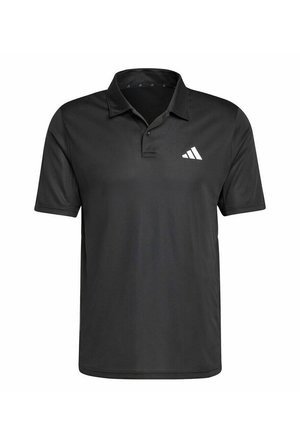 Polo nera a maniche corte con colletto e patta con due bottoni, con un piccolo logo Adidas bianco sul petto a sinistra.