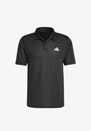 Polo nera a maniche corte con colletto e patta con due bottoni, con un piccolo logo Adidas bianco sul petto a sinistra.