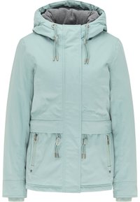 Lichtblauwe hooded jas met trekkoorden, ritszakken en een voorrits die verborgen is onder een klep, met een zachte grijze binnenvoering.