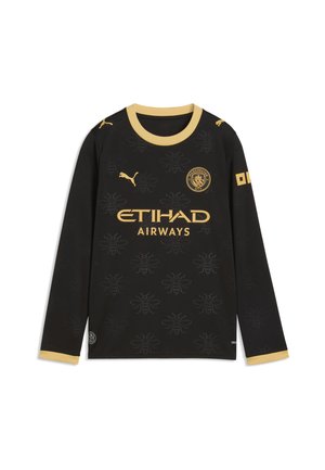 Sort Manchester City fodboldtrøje med langærmer, gyldne kanter, gyldent Puma-logo, klubmærke, Etihad Airways sponsor og subtilt bi-mønster.