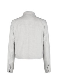 Light grey, cropped jacket made of textured fabric. Features a collared neck and buttoned cuffs, with a straight back design and no visible pockets.