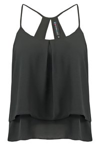 Blouse noire sans manches en chiffon à double couche, avec fines bretelles et une découpe en forme de trou de serrure sous le col.