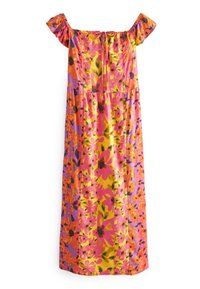 Robe maxi bleue à fleurs sans épaule dans des nuances vives de rose, orange, jaune et violet. Dotée de manches bouffantes et d'une taille cintrée avec un détail à nouer.