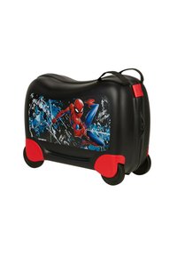 Maleta negra para niños con ruedas y asas rojas, que presenta un gráfico de Spider-Man y diseños abstractos en azul y blanco.