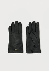 Luvas de couro preto com uma textura suave, cinco dedos e uma pequena abertura no pulso. Apresentam um logotipo dourado na base.