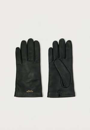 Luvas de couro preto com uma textura suave, cinco dedos e uma pequena abertura no pulso. Apresentam um logotipo dourado na base.