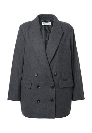 Grå dobbeltbrystet blazer med klapkrave, der har to forlommer, seks sorte knapper og en stribet indvendig foring.