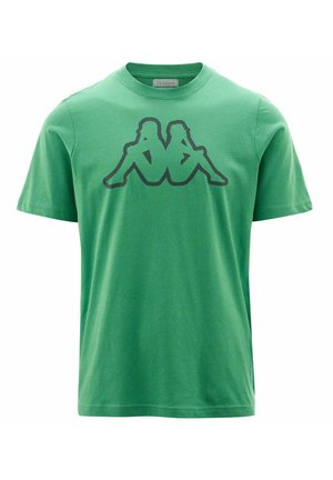 Maglietta verde a maniche corte con un logo nero di due silhouette sedute schiena contro schiena sul petto.