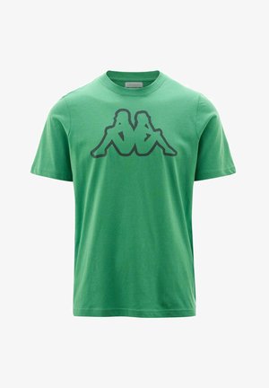 Maglietta verde a maniche corte con un logo nero di due silhouette sedute schiena contro schiena sul petto.