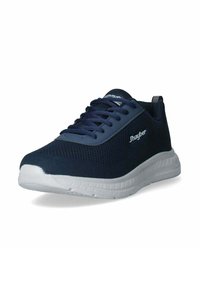Scarpe atletiche blu navy con tomaia in rete, suola bianca, design con lacci e dettaglio del logo. Presentano un collare imbottito e una suola testurizzata.