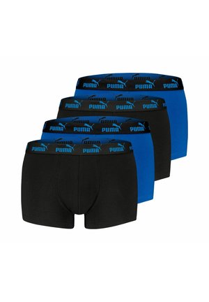Vier Paar Boxershorts: zwei schwarze und zwei blaue. Jedes Paar hat einen breiten schwarzen Bund mit dem Puma-Logo in Hellblau. Aus Baumwollmaterial, mit enger Passform.