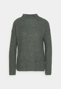 Dark green ribbed knit sweater with long sleeves and a slightly raised round neckline, shown on a plain white background.