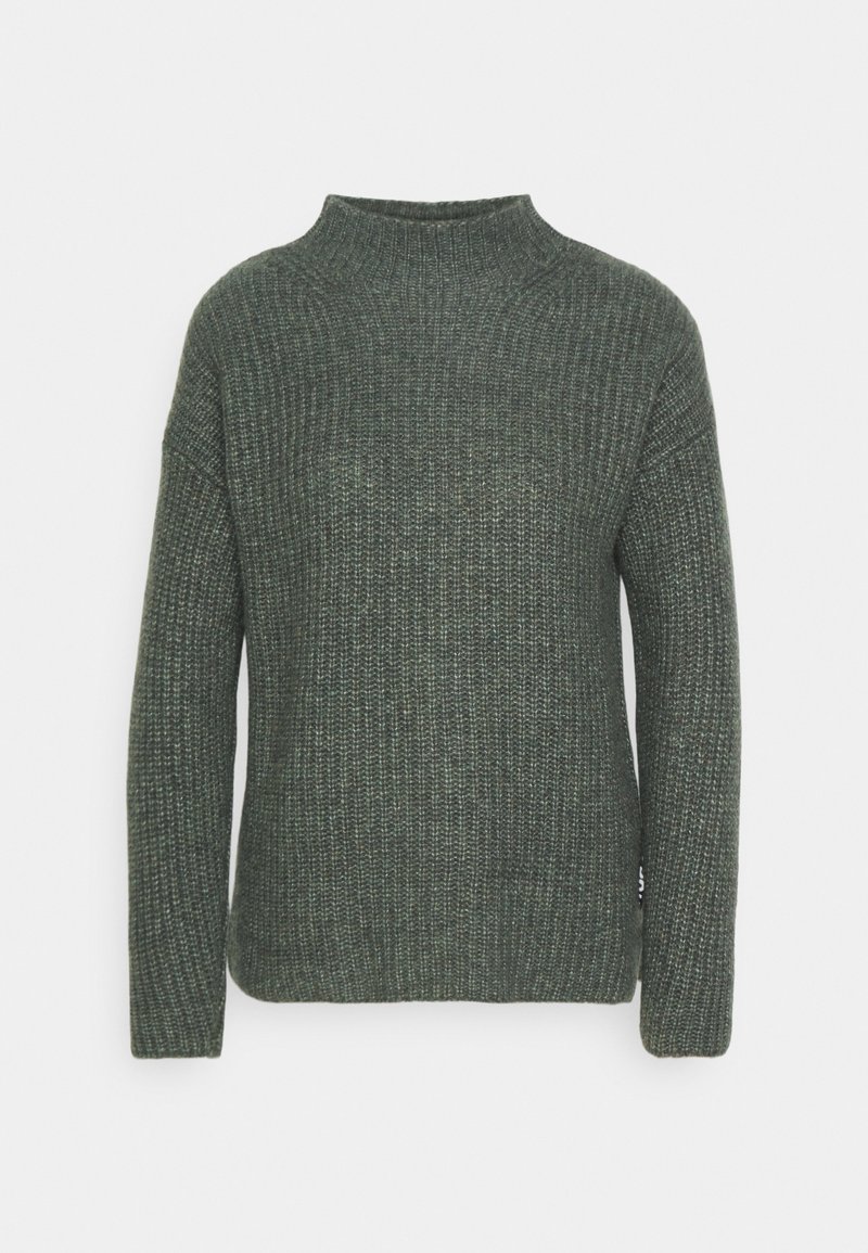 Dark green ribbed knit sweater with long sleeves and a slightly raised round neckline, shown on a plain white background.