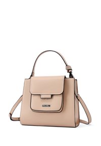 Borsa a mano strutturata beige con patta frontale, bordi neri e chiusura metallica. Presenta una tracolla rimovibile e un manico testurizzato.