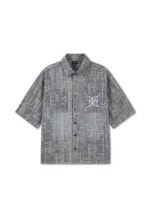 Kurzärmeliges Hemd mit Knopfleiste, strukturiertem grauem Muster und weiß gesticktem "PH"-Logo auf der linken Brust.