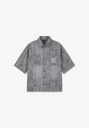 Kurzärmeliges Hemd mit Knopfleiste, strukturiertem grauem Muster und weiß gesticktem "PH"-Logo auf der linken Brust.
