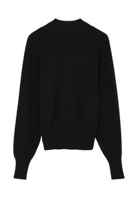 Schwarzer Strickpullover mit hohem Kragen, Raglanärmeln und gerippten Bündchen sowie Saum. Der Stoff wirkt weich mit einer subtilen Textur.