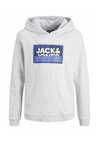 Felpa grigia con tasca a marsupio frontale, polsini e orlo a costine. Presenta una grafica rettangolare blu e nera con il testo "JACK & JONES".