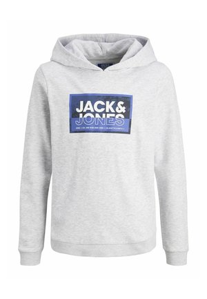 Hoodie gris avec poche kangourou à l'avant, manches et ourlet côtelés. Présente un graphique rectangulaire bleu et noir avec le texte "JACK & JONES".