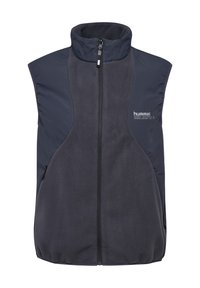 Dunkelgraue ärmellose Fleece-Weste mit hohem Kragen, vollem Frontreißverschluss, Seitentaschen und "hummel"-Logo auf der linken Brust.