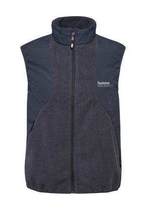 Ciemnoszara bezrękawnik z polaru, z wysokim kołnierzem, pełnym zamkiem z przodu, bocznymi kieszeniami oraz logo "hummel" na lewej piersi.