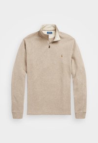 Beiger Pullover mit Reißverschluss am Kragen, langen Ärmeln und strukturierter Stoffoberfläche. Verfügt über ein kleines, gesticktes Logo auf der linken Brust.