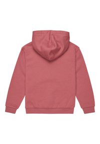 Mikina s kapucí v barvě starorůžové, vyrobená z měkké tkaniny, s klokaní kapsou a žebrovanými manžetami a lemem. Jednoduchý design bez ozdob.