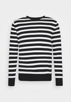 Pull à manches longues à rayures horizontales noires et blanches avec poignets et ourlet côtelés, présenté à plat sur un fond blanc.