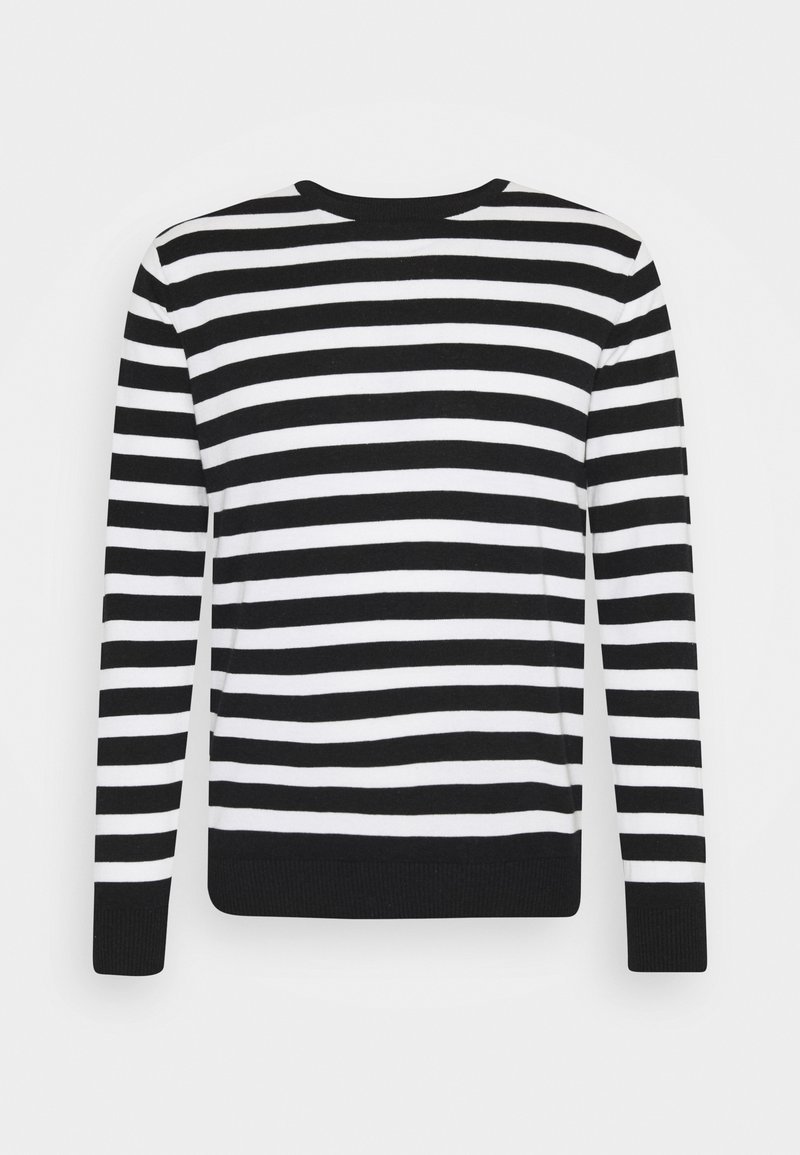 Pull à manches longues à rayures horizontales noires et blanches avec poignets et ourlet côtelés, présenté à plat sur un fond blanc.