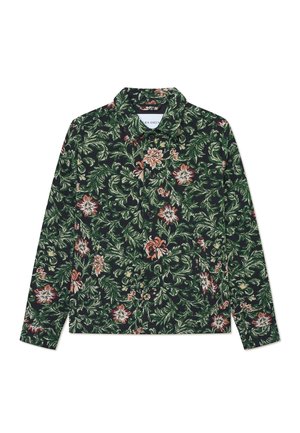 Blus med blommönster på en mörkgrön bakgrund, prydd med rosa och vita blommor. Långa ärmar och krage, tillverkad av mjukt material.