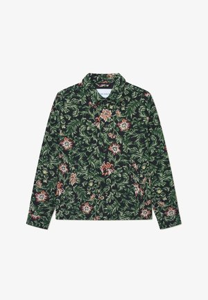 Floral-patterned blouse with a dark green background, featuring pink and white flowers. Long sleeves and a collar, made from soft fabric.